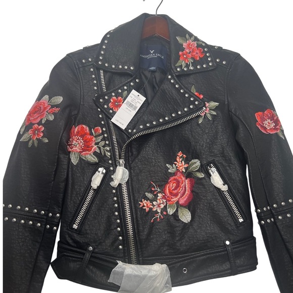 American Eagle XXS Floral Embroidered Studded Faux Leather Moto Biker‎ Jacket - Picture 1 of 3
